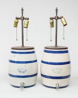 Pair of Blue-Banded Pottery Barrel-Form Liquor Dispensers, Mounted as Lamps