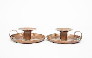 Pair of Arts and Crafts Hammered Copper Chamber Candleholders
