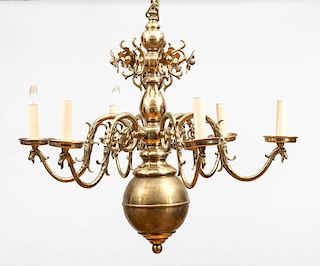 Dutch Baroque Style Brass Six-Light Chandelier