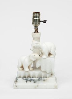 Carved Alabaster Polar Bear Cub-Form Lamp and a Pottery Figural Lamp of a Girl with Baskets