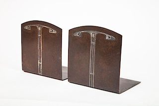Pair of Arts and Crafts Silver-Mounted Copper Book Ends