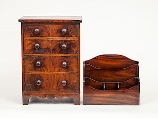 Victorian Flame-Mahogany Inlaid Miniature Chest of Drawers and an English Mahogany Stationery Stand