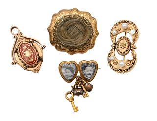 Four Piece Victorian Gold Lot, to include lockets, brooch and pendant or fob, total weight 33 grams.