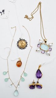 Five Piece Group, to include amethyst earrings and pendant; 14 karat Tagliamonte pendant with pearls and amethyst silver chain; gold pendant with yell