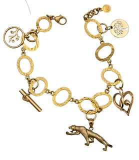 18 Karat Gold Italian Designer Oval Link Bracelet with Charms, 7 inches, 16.4 grams.