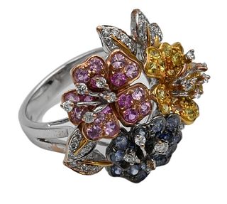 Queen & Daddy 18 Karat White, Yellow and Rose Gold Ring, set with diamond, pink and yellow sapphires, size 6 3/4, 8.7 grams.