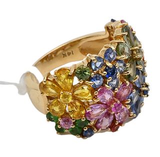 14 Karat Gold Multicolor Sapphire and Tsavorite Floral Design Cocktail Ring, size 7, 9.2 grams.