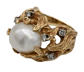 14 Karat Gold Ring, set with pearl and diamond accents, with appraisal, size 6, 12.1 grams.