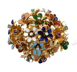 18 Karat Gold Brooch, having enameled flowers of various colors, with diamonds, emeralds and sapphires, with appraisal, height 1 inch, width 1 1/4 inc