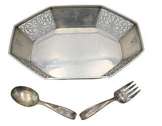 Three Piece Sterling Silver Tiffany and Company Lot, to include baby spoon and fork with box, along with reticulated eight sided dish, 11.9 t. oz.