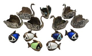 13 Piece Silver Lot, to include 7 silver swan open salts, along with 6 silver enameled fish pepper shakers, 12.8 t.oz.