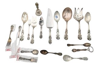 18 Piece Reed and Barton Francis I Sterling Silver Serving Set, along with a two piece baby set in original box, 26.4 t.oz. plus 5 handles and bell.