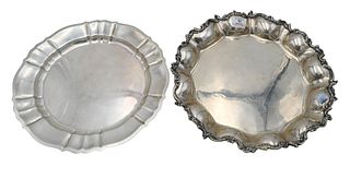 Two Sterling Silver Trays, to include one deep tray, diameter 13 1/2 inches, 14 1/2 inches, 63.7 t.oz.