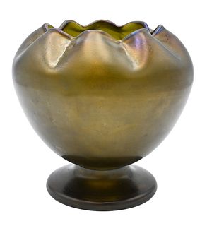 Iridescent Art Glass Vase, having ruffle edge, not marked, height 8 inches.