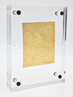 Ezio Gribaudo Embossed Gilt Silver Plaque, figure in lucite frame, signed lower right 'Gribaudo', hallmarks lower left 800, 9 1/2" x 7 1/8".