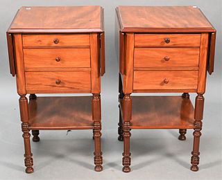 Pair of Custom Mahogany Drop Leaf Three Drawer Stands, height 28 inches, closed top 16" x 16".