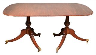 Margolis Custom Mahogany Double Pedestal Dining Table, height 29 inches, top 43 1/2 x 64 inches, along with three 14 inch leaves, top open 43 1/2" x 1