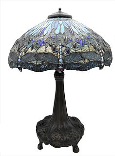 Reproduction Leaded Table Lamp, Tiffany style with dragonflies, height 30 inches, diameter 22 inches.