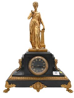 Victorian Black Slate Mantle Clock, having Eutrope bouret bronze classical standing figure reading a book mounted on top, all on claw feet, height 21 