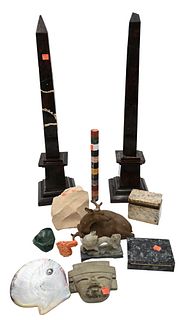 Group of Assorted Items, to include Teotihuacan style stone mask, store dragon, malachite stone, coral horse head, shell, two stone boxes, pair of lar