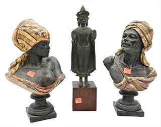Three Piece Group, to include pair of polychrome metal moorish busts of a man and a woman along with Asian bronze standing figure, morrish height 11 3