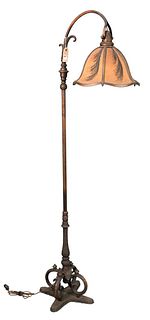 Arts and Crafts Bradley and Hubbard Floor Lamp, having hand painted vellum shade, height 61 1/2 inches.