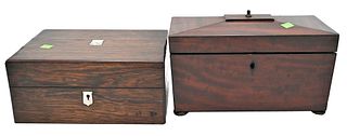 Two Boxes, to include rosewood sewing box having velvet fitted interior, along with a tea box, sewing height 7 3/4 inches, top 6" x 12", tea height 5 