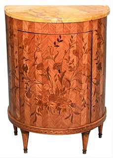 Louis XVI Demilune Cabinet, having marble top and one door, all with floral inlays, height 39 1/2 inches, top 15" x 25".