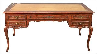 Louis XV Style Fruitwood Desk, having inset leather top, five drawers on one side, and five faux drawers on the opposite side, height 30 inches, top 3