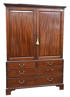 George IV Mahogany Linen Press in Two Parts, having two fitted drawers inside, circa 1800, height 71 3/4 inches, width 49 1/2 inches.