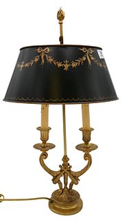 Small French Double Boulette Lamp, having tole black painted shade on scrolling acanthus gilt bronze base with hoof feet, height 24 inches.