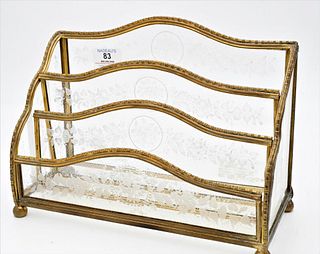 Brass and Cut Crystal Letter Holder, height 8 1/4 inches, width 11 inches.