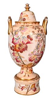 Large Covered Double Handled Royal Bonn Urn, in three parts, on pedestal base, height 28 inches.