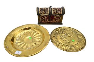 Three Piece Group, to include Alms dish with ribbed interior, probably 17th - 18th century, brass plaque depicting Henry IV as mars and marie de medic