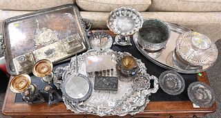 Large Victorian Silver Plated Group, to include four large serving trays, figural compote, planter, vanity mirrored tray, etc.