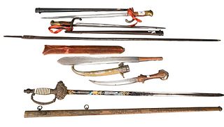 Group of Swords and Knives, to include middle eastern knife with brass and silver scabbard, two French hand forged fencing swords, press sword having 
