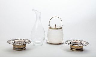 English Frosted Glass Biscuit Barrel with Silver-Plate Rim and Swing Handle, a Sterling Silver Stand, a Ribbed Glass Ewer, and a Pair of Wine Coasters