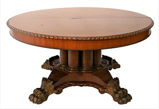 Round Victorian Mahogany Dining Table, on eight column base set on carved platform, large paw feet, top with rope edge, has center support legs when e
