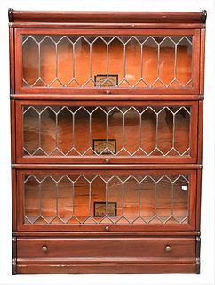 Globe Wernicke Three Section Stack Bookcase, having leaded doors, one door (as is), on base with drawer, height 47 inches, top 12" x 34".