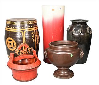 Five Piece Group of Assorted Asian Items, to include sang de boeuf umbrella stand, green glazed vase with applied mask, brown and yellow glazed garden