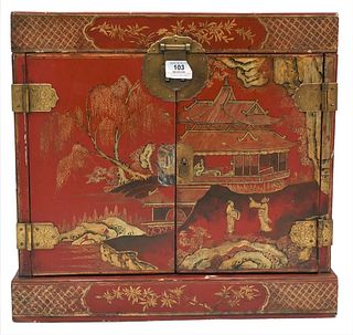 Chinese Red Lacquered Cabinet, parcel gilt and painted landscape scene, having lift top over two doors with fitted drawer interior, height 17 1/2 inch