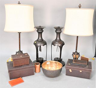 Group of Decorative Items, to include a pair of bronze Japanese style candlesticks, pair of decorative table lamps, a hand hammered silvered bowl, and