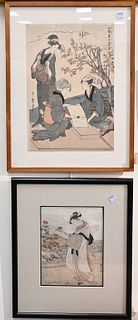 Group of Nine Framed Japanese Paintings, to include one painting on tissue paper, diptych, and six Japanese woodblock prints, diptych 13 1/2" x 9".