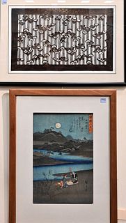 Group of Thirteen Japanese Woodblock Prints, to include five framed and eight paper silhouette cuts, largest 15" x 10".
