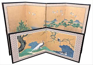 Two Oriental Folding Screens, to include large four fold screen having landscape scene, height 43 1/4 inches, width 81 inches; along with a two fold s