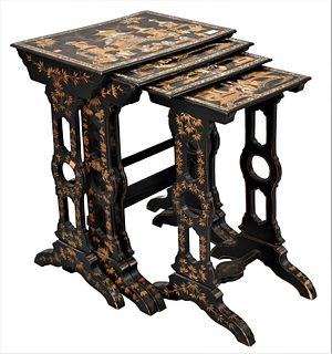 Group of Four Chinese Nesting Tables, all having mother of pearl accents, height 29 inches, top 15 1/2" x 22".
