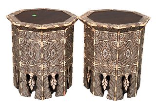 Pair of Bone and Mother of Pearl Inlaid Taborets, height 18 inches, diameter 15 1/2 inches.
