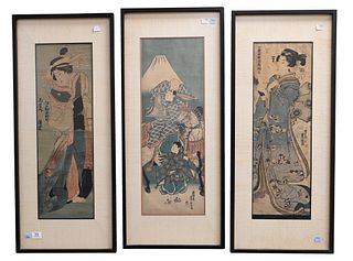 Set of Three Large Vertical Japanese Woodblock Prints, to include two geisha along with one of a scholar, 27" x 9".