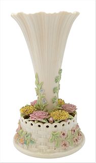 Irish Belleek Vase, having applied flowers, with brown Belleek mark, height 11 inches.