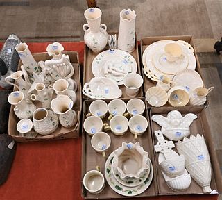 Five Tray Lots of Belleek, having green, brown and new marks, to include vases, cups, saucers, dishes, plates, pitchers, etc.